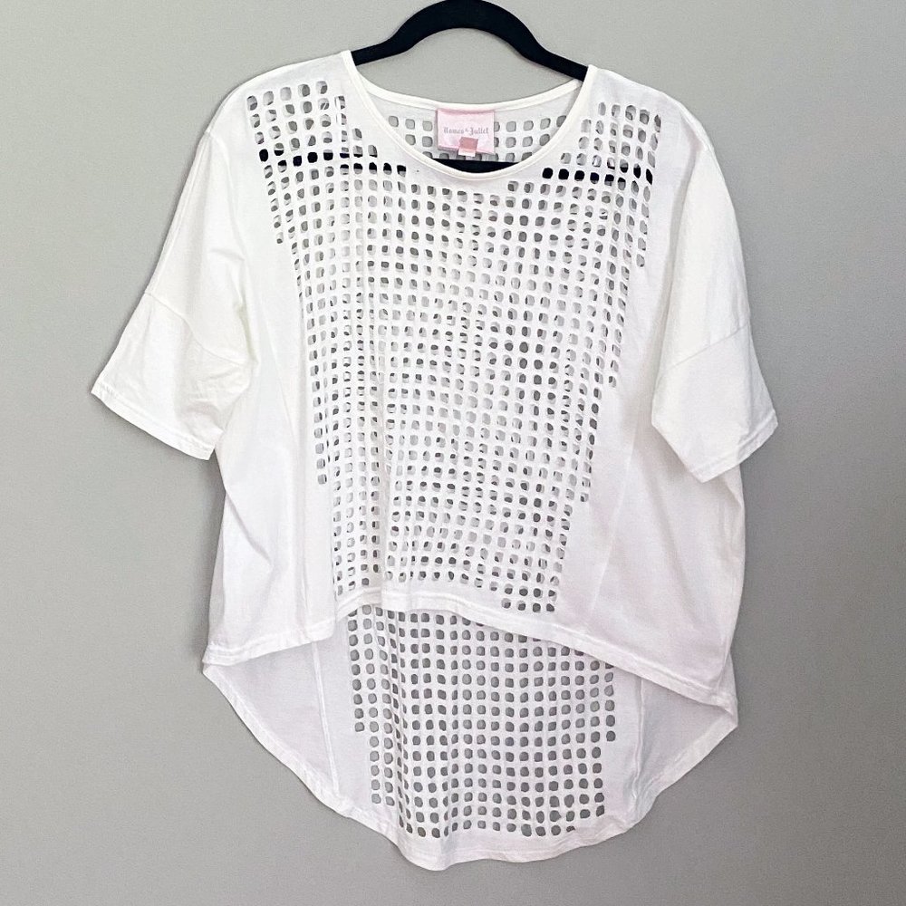 Romeo & Juliet Couture White Fishnet Mesh Top S Sheer Layering Festival Shirt